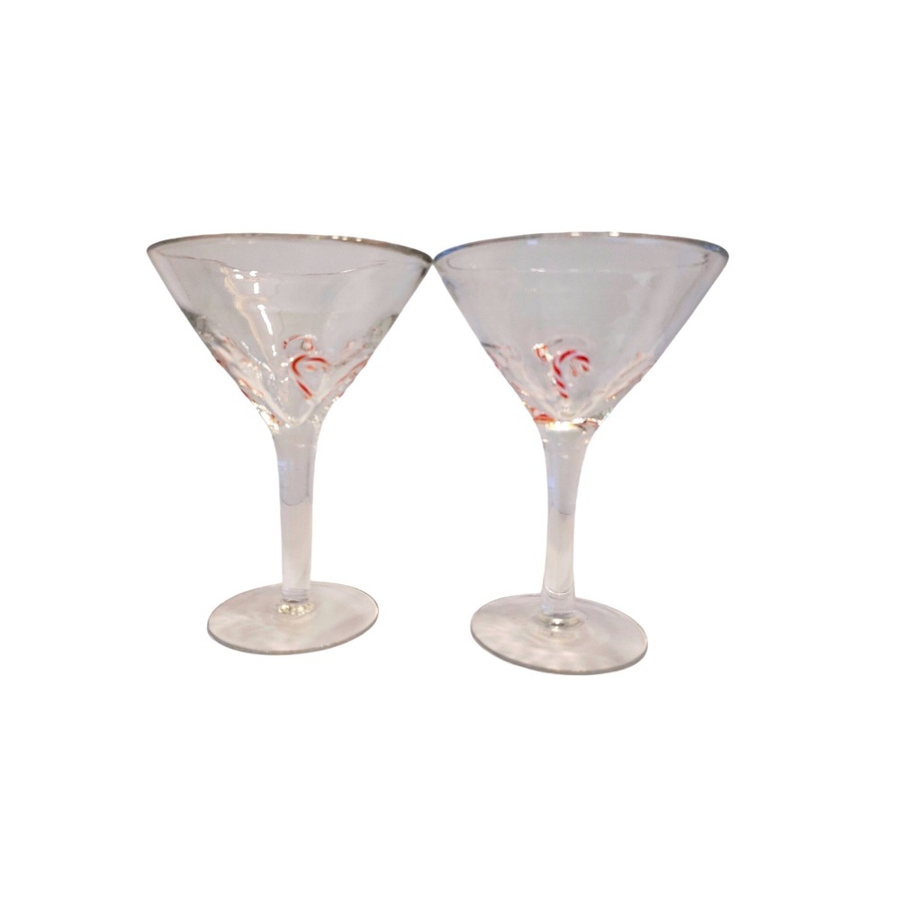 Set of 2 Artland Christmas Candy Cane Martini Glasses Hand Blown Clear Glass 3D